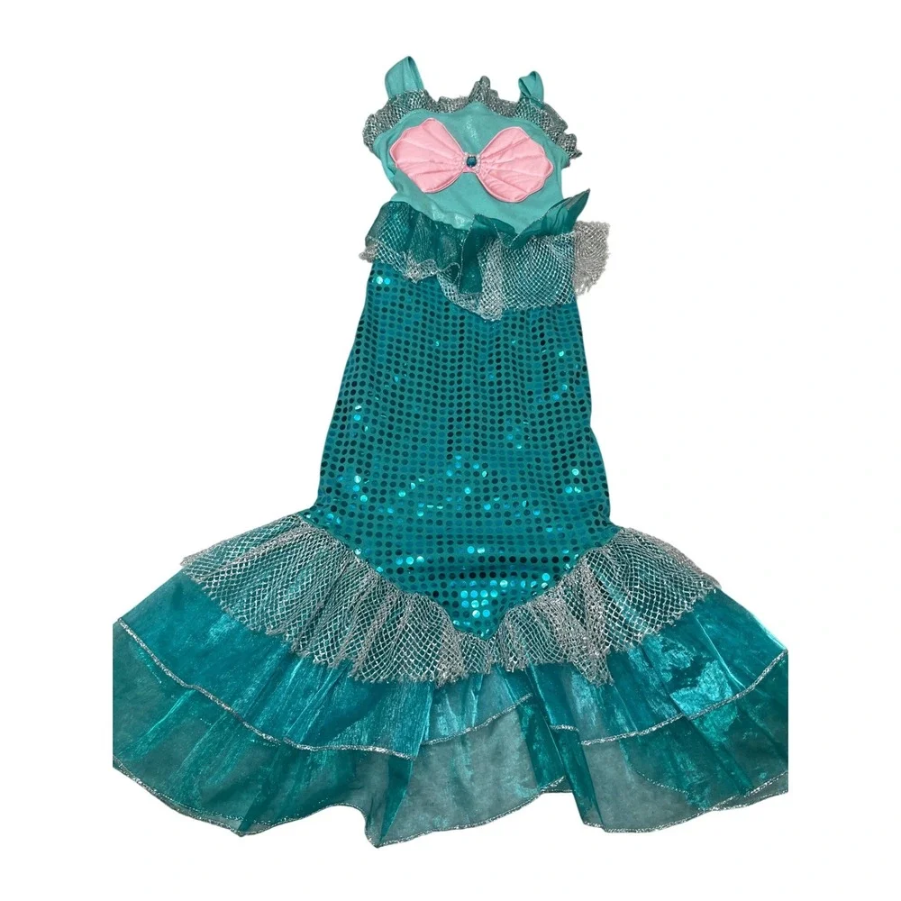 Girls Teal Sequin Mermaid princess Costume Dress Seashell Bow Size 4 dress up